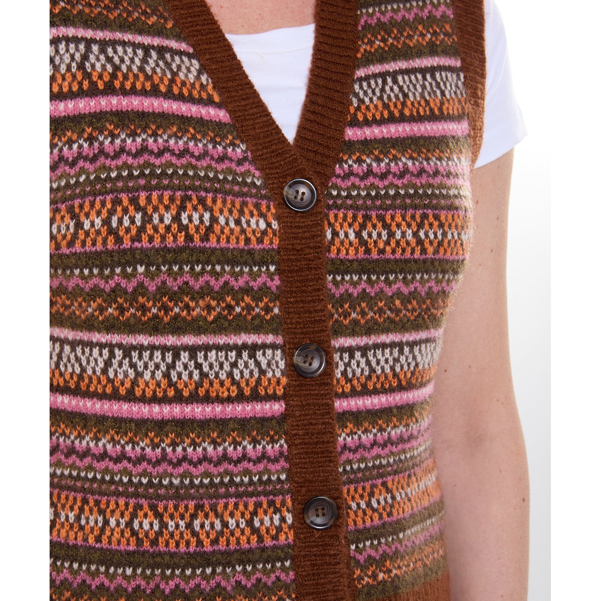 Pull Sans Manches en Maille Jacquard Fair Isle Boutonné Jours d'Automne marron, JOE BROWNS