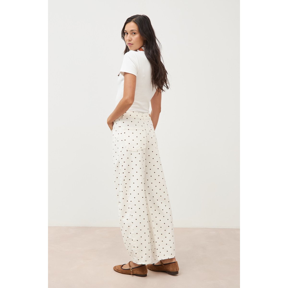 Jeans barrel taille haute bas resserré ecru, BONOBO