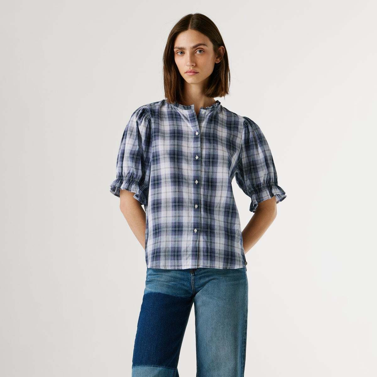 Blouse À Carreaux Avec Volants bleu des profondeurs, PEPE JEANS
