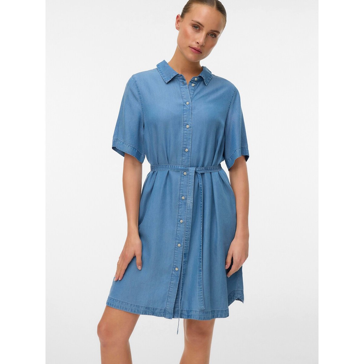 Belted Mini Shirt Dress medium blue , VERO MODA