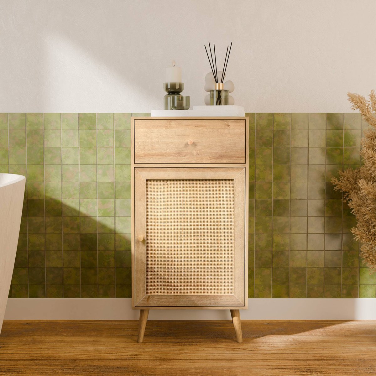 Meuble salle de bain décor bois et cannage BOHÈME naturel, SWEEEK
