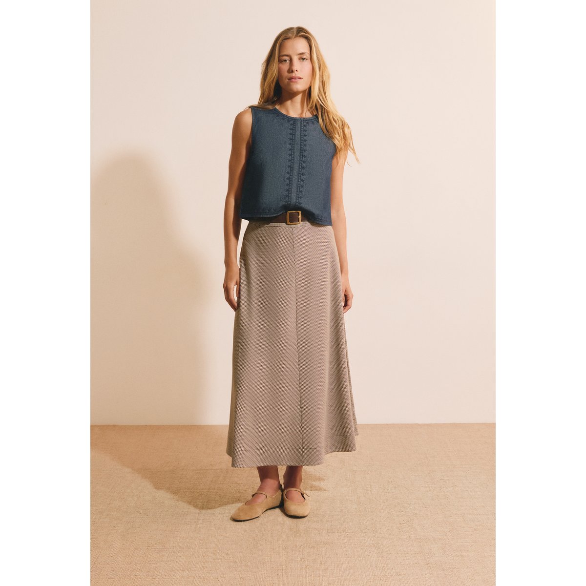 Jupe longue fluide JULIE PDP beige, ETAM