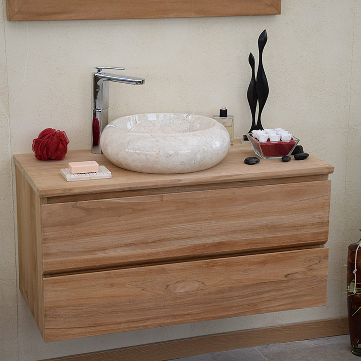 Meuble suspendu 2 tiroirs en teck massif 90 cm - KHARART naturel, WILDWATER