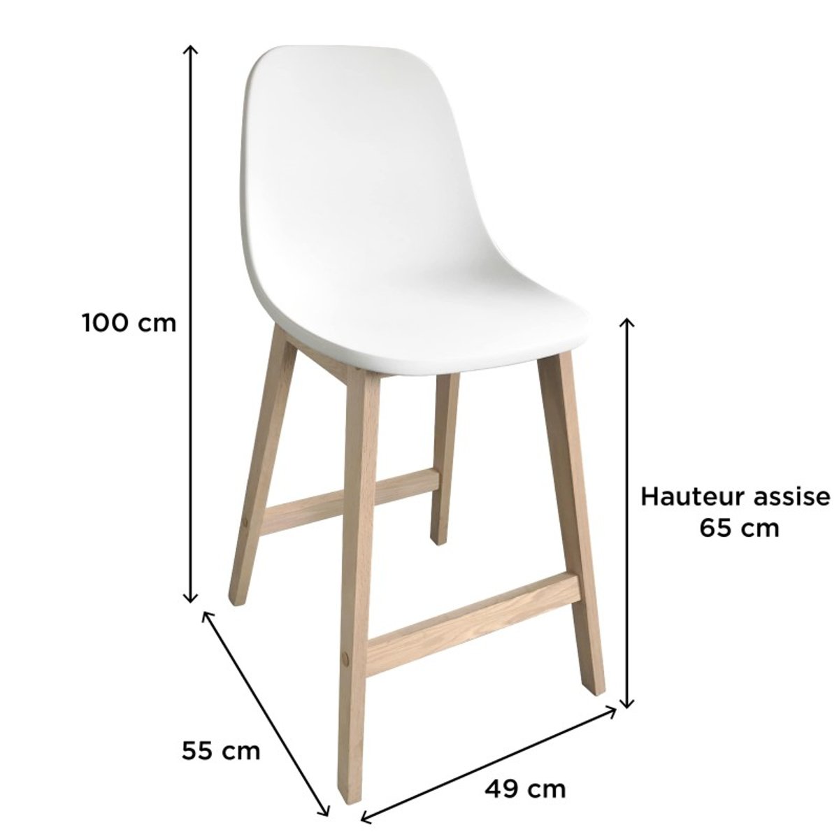 Lot de chaises d'ilot et bar en chêne avec assise plastique 65cm ELIOS | Lot de 2 blanc, MOB IN