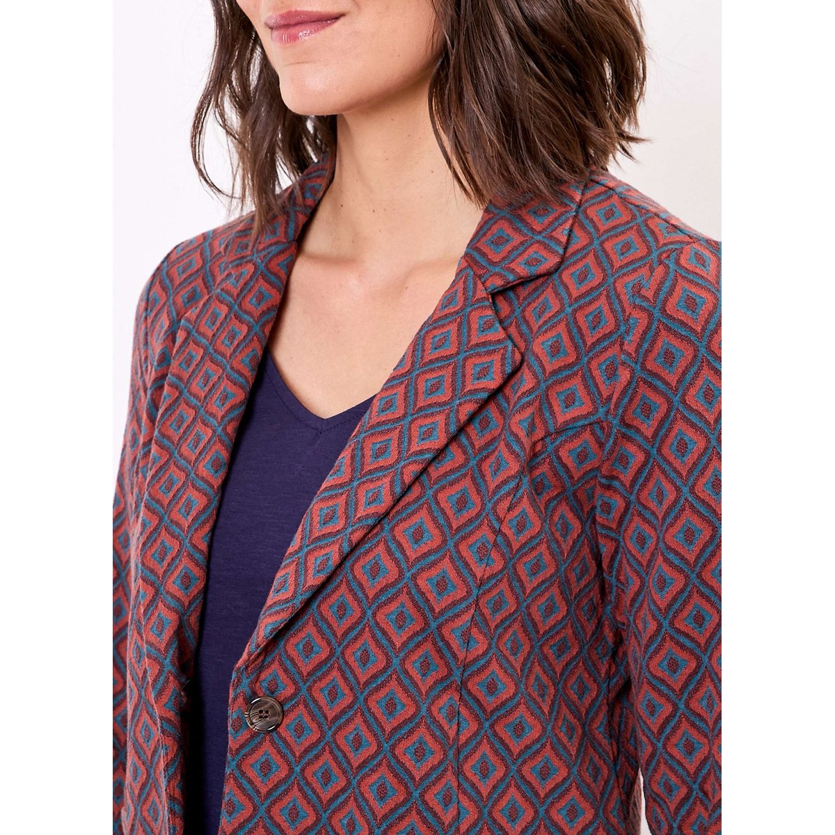 Blazer souple en maille jacquard recyclée ANATOLIE marron bleu solange, PRINCESSE NOMADE