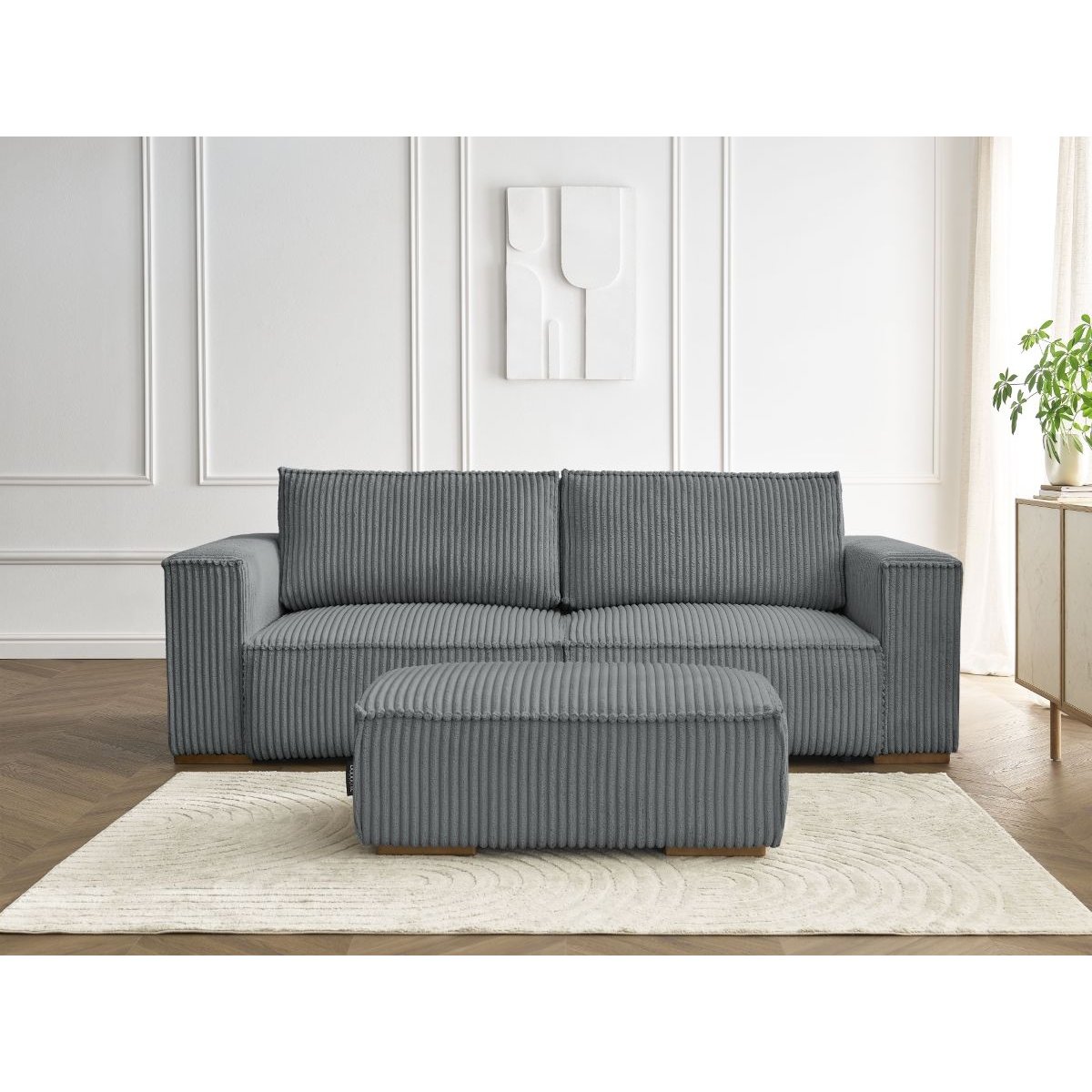 Canapé droit convertible 4 places en gros côtelé doux avec pouf, CHELSEA gris foncé, BOBOCHIC