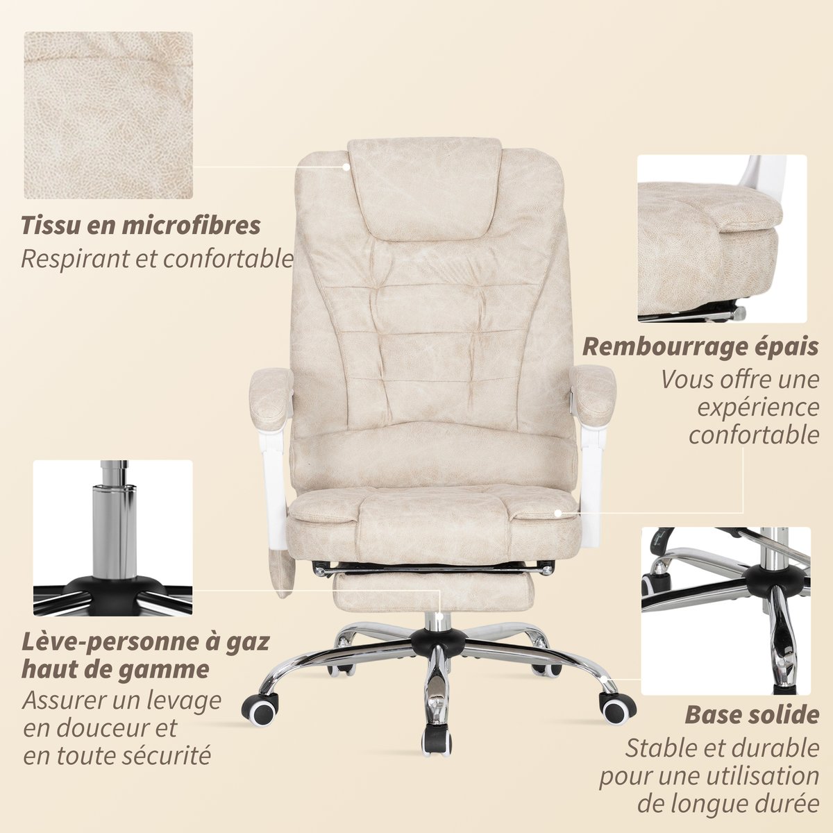Fauteuil de bureau avec fonction massage crème, HOMCOM