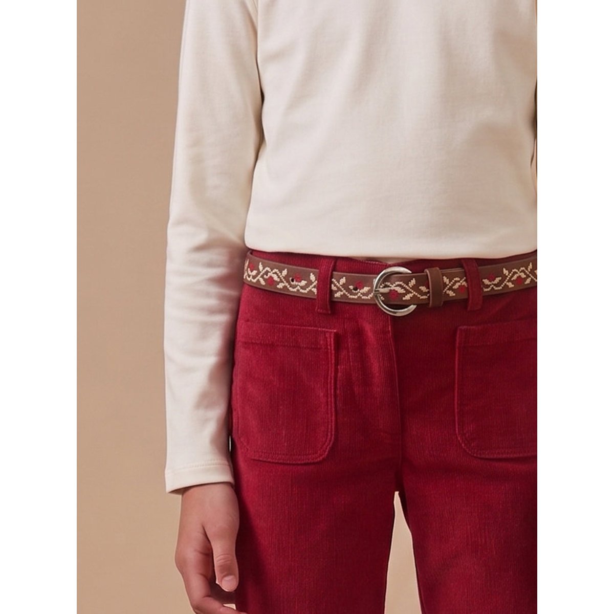Ceinture brodée en cuir cognac, CYRILLUS