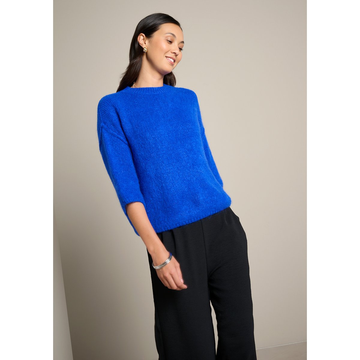Pull premium en mohair manches 3/4 bleu electrique, LOLALIZA