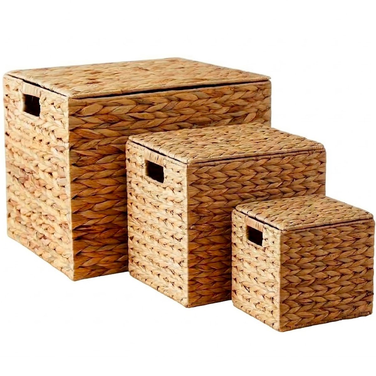 Set de 3 coffres de rangement en jacinthe d'eau tressée 50x40x38cm bois, URBAN LIVING