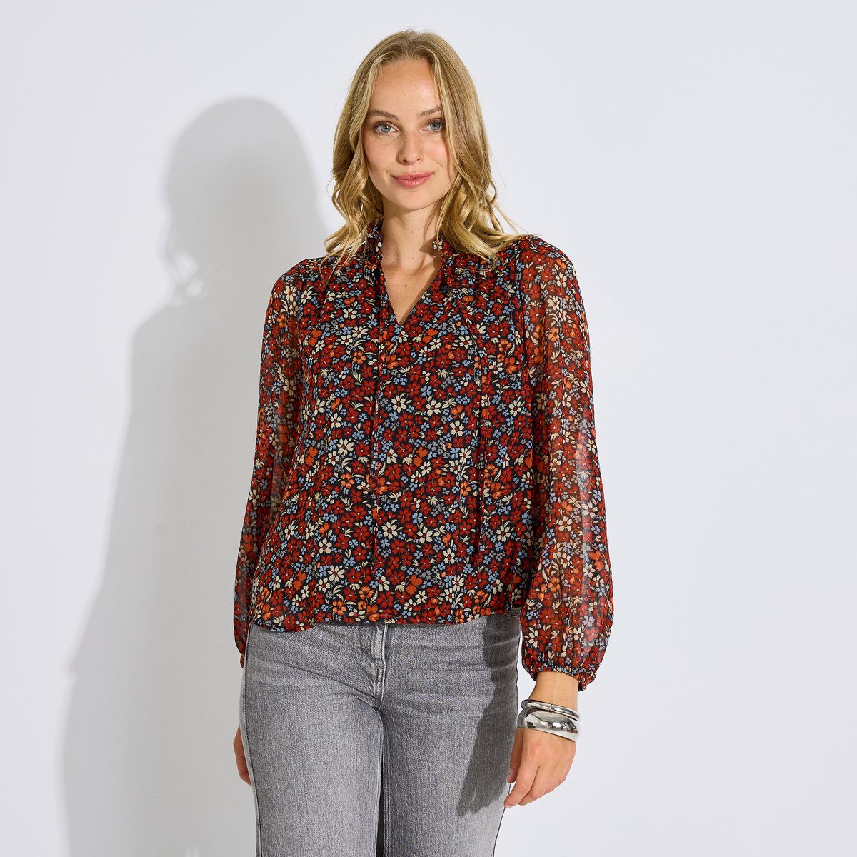 Blouse fluide col V imprimé fleuri noir, GRAIN DE MALICE