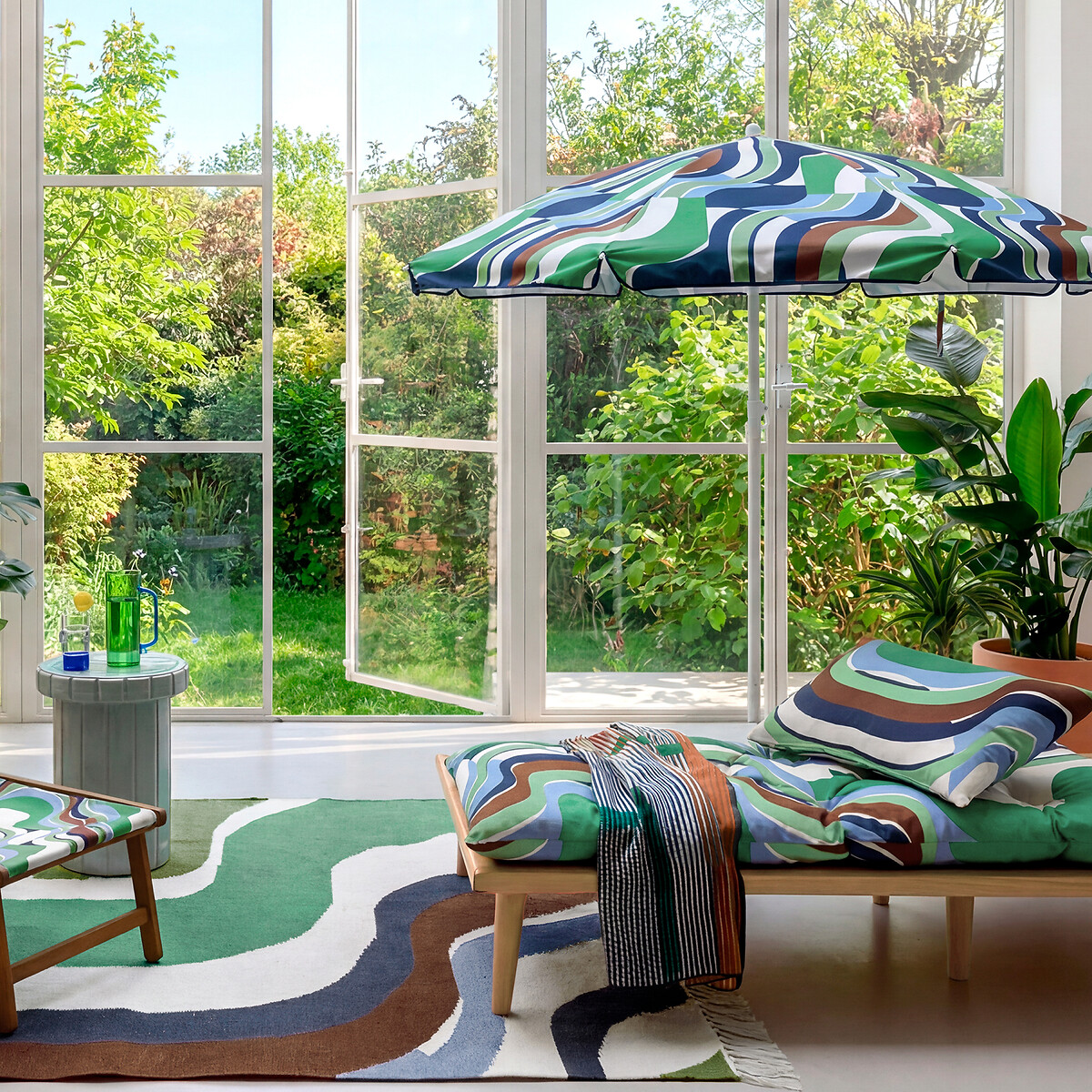 Coussin d'extérieur, rectangulaire, 60 x 40 cm imprimé géométrique, SONGE vert, MAPOÉSIE X LA REDOUTE INTÉRIEURS