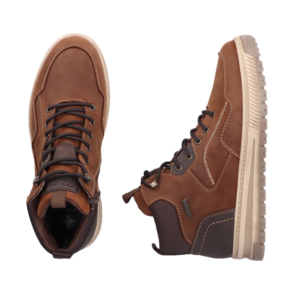 Baskets en cuir noisette à talon plat avec un zip et des lacets ronds noisette, RIEKER