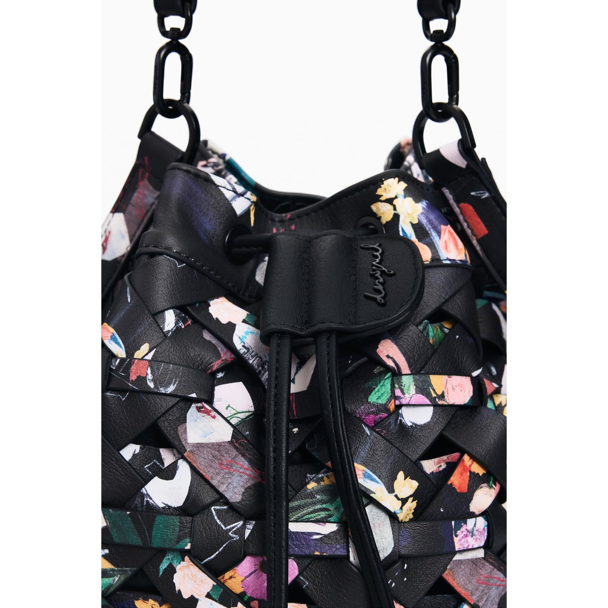 Sac à dos moyen tressé fleurs noir, DESIGUAL