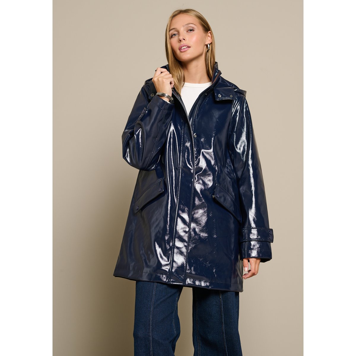Parka vinyle matelassée à capuche bleu marine, LOLALIZA
