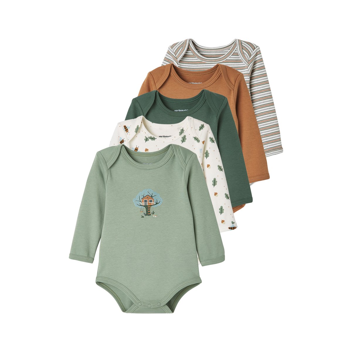 Lot de 5 bodies manches longues emmanchure US lot kaki foncé, VERTBAUDET