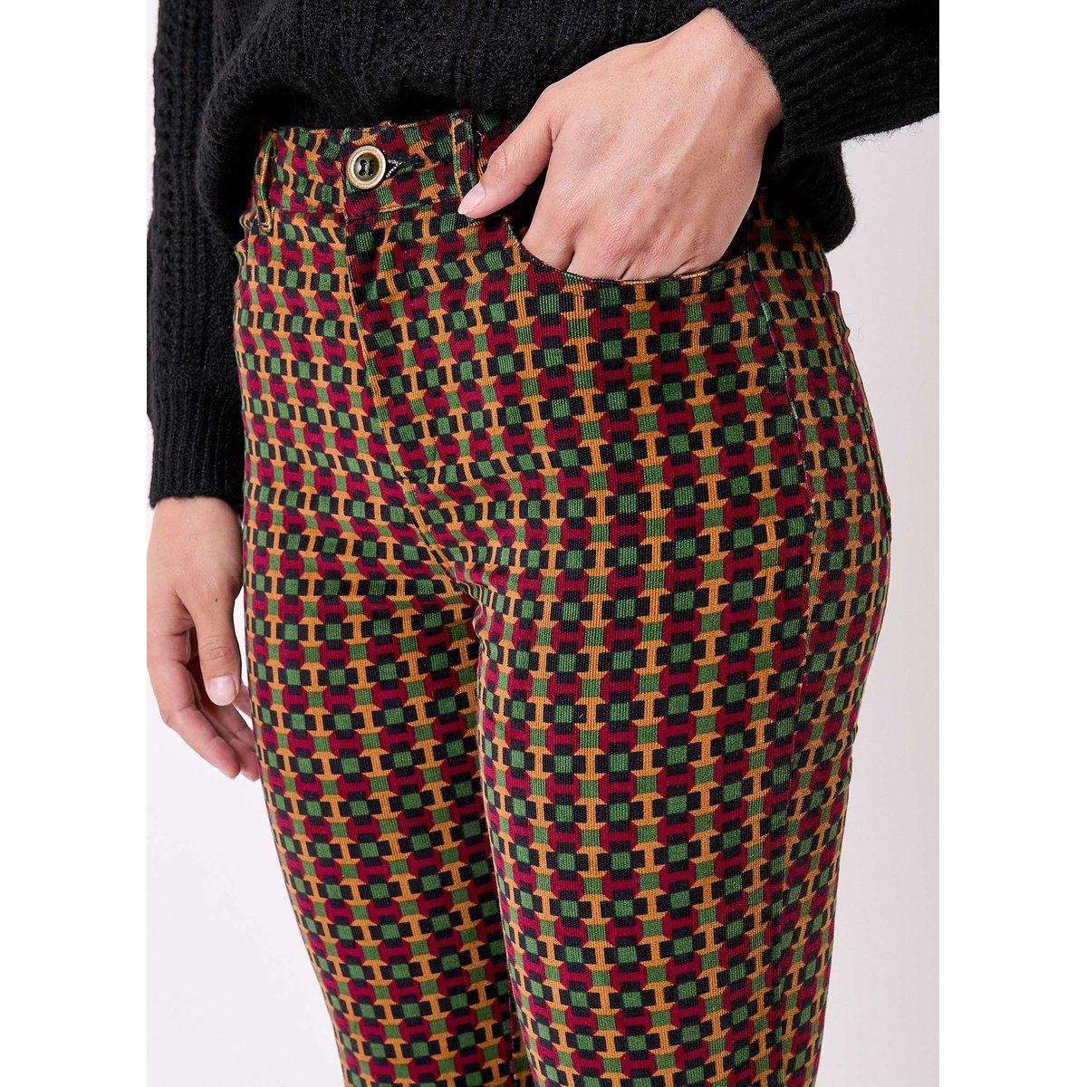 Pantalon flare velours imprimé côtelé LULU vert signal lulu, PRINCESSE NOMADE