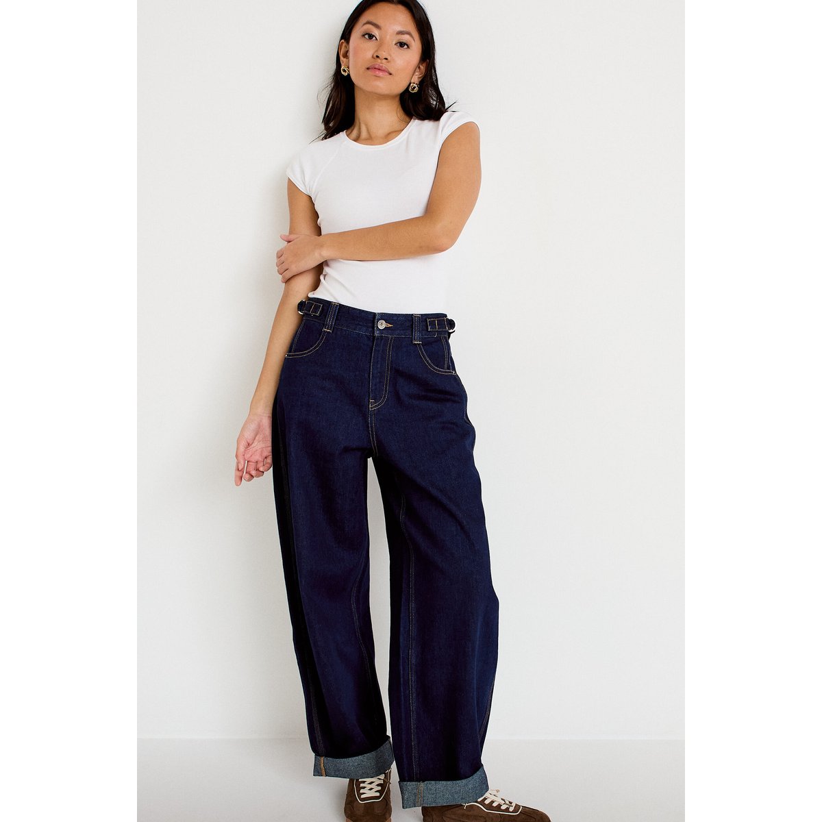 Jean barrel long en coton denim brut, CACHE CACHE