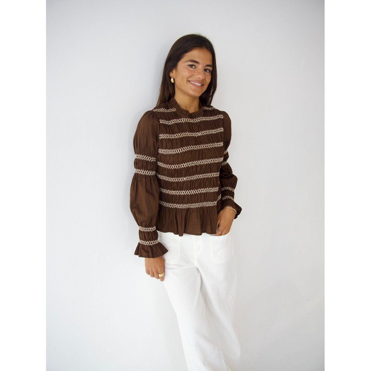 Blouse smockée manches bouffantes ELOISE marron, MINDTRAVELER