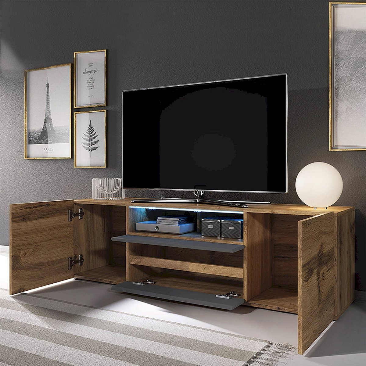 Meuble tv bas collection BROS bois clair et noir, RECOLLECTION