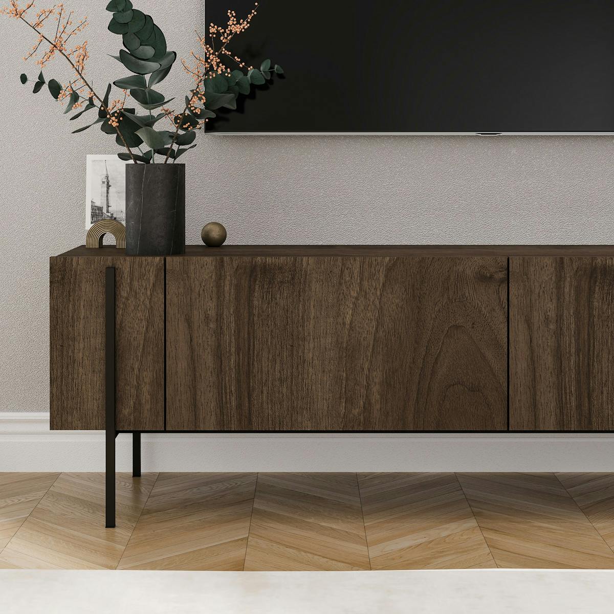 Meuble TV design effet bois foncé pieds noirs baguette JENA bois naturel, PIER IMPORT