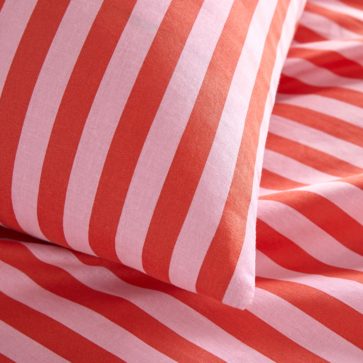 Parure de lit enfant, en 50% coton recyclé, taie carrée, SACHA ROSE rayé rose, LA REDOUTE INTERIEURS