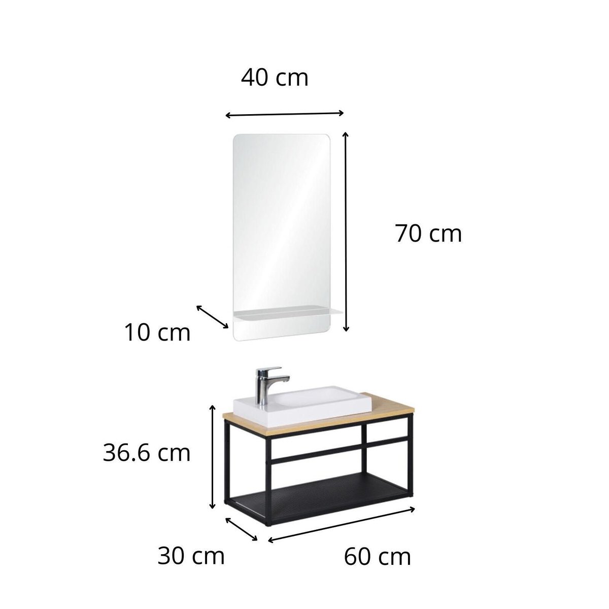 Ensemble lave-mains grande largeur avec miroir 60cm WILO vasque blanche et miroir tablette blanche, MOB IN