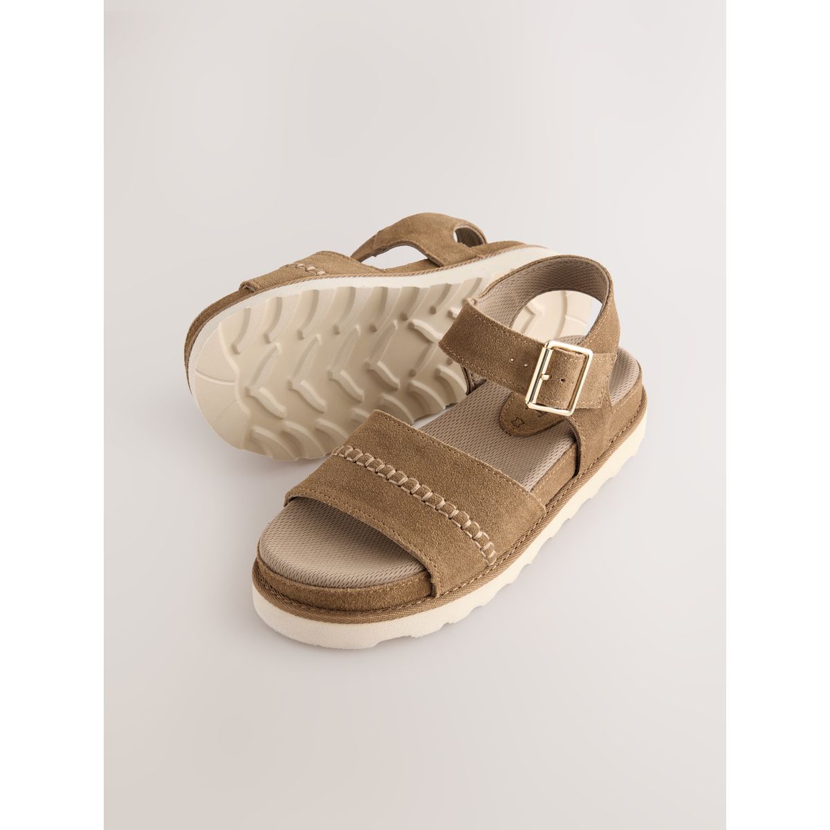 Sandales en cuir à plateforme et bout rond marron fauve, NEXT