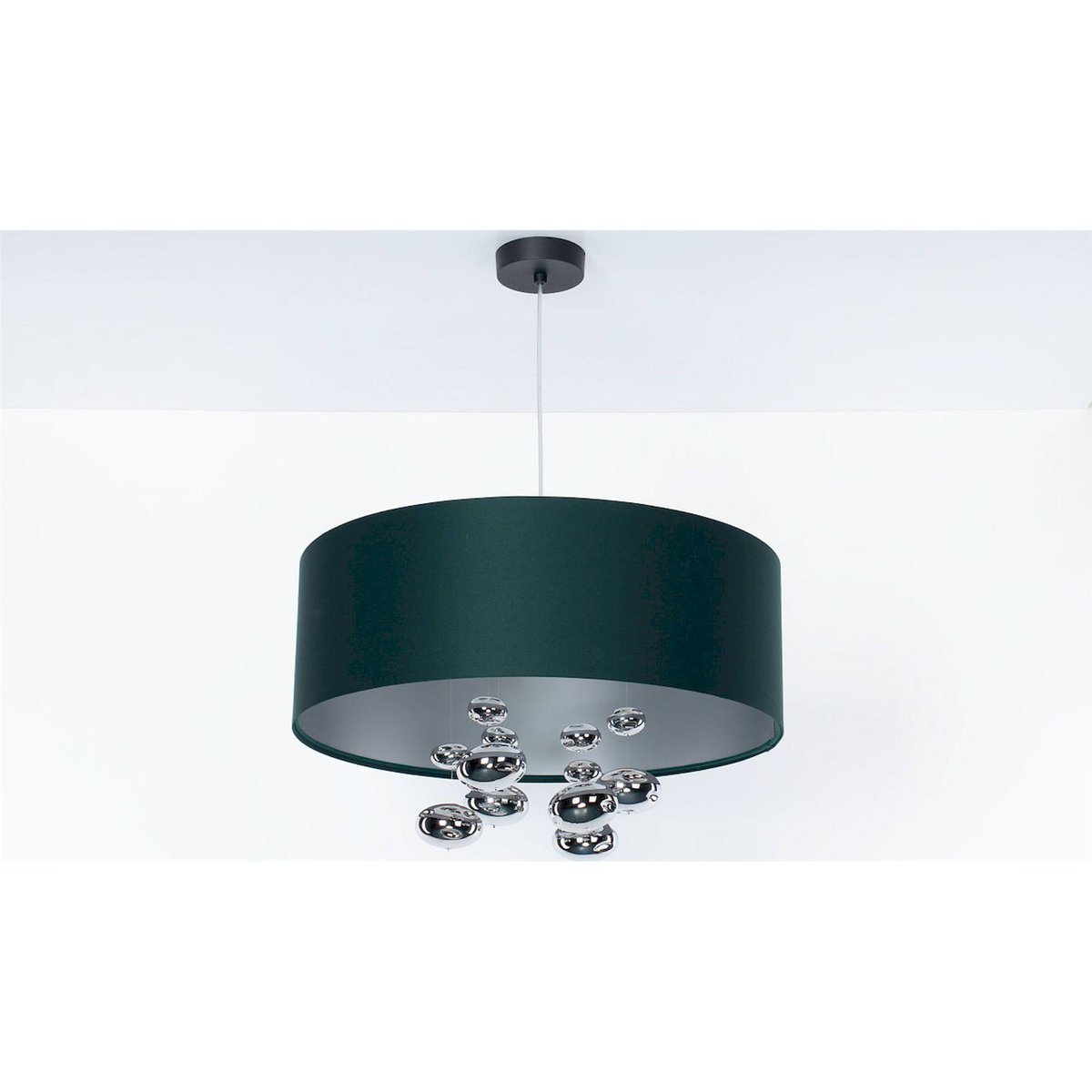 Suspension ronde en tissu avec boules argentées Bubble Light vert bouteille satin et argent mat, BPS KONCEPT