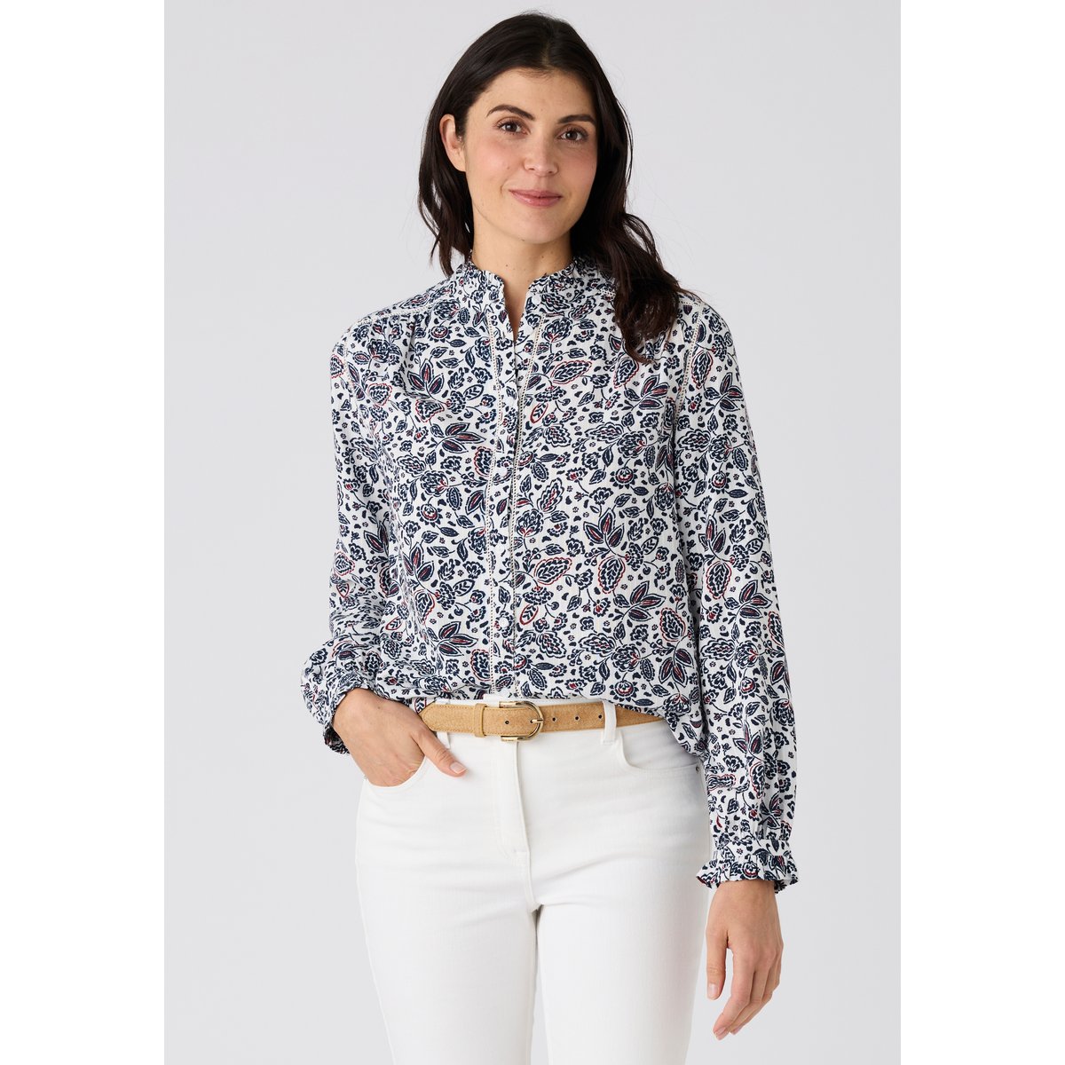 Chemisier pure viscose col volanté blanc ecru fleuri, DAMART