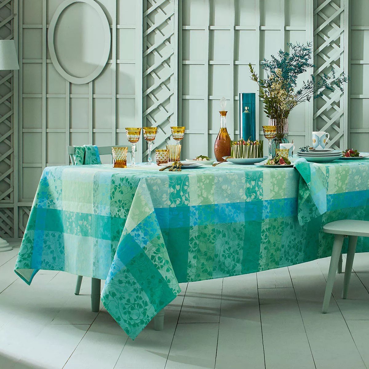Set pur coton enduit MILLE FEUILLAGES turquoise, GARNIER THIEBAUT