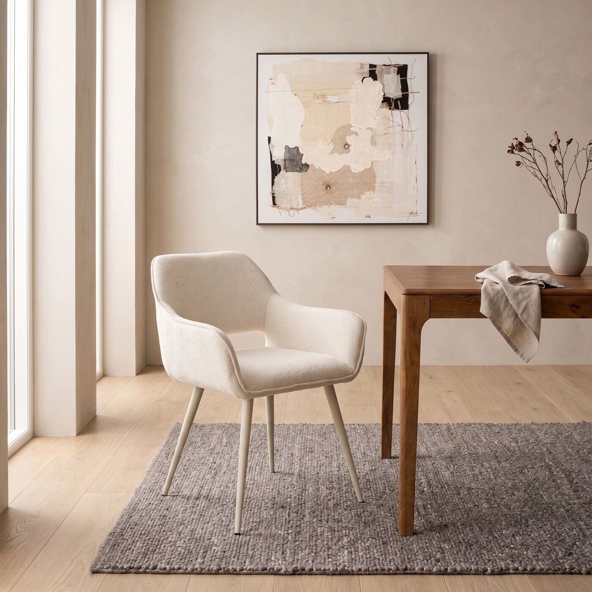 Chaise avec accoudoirs en polyester bouclé, SAN FRANCISCO beige, KARE DESIGN