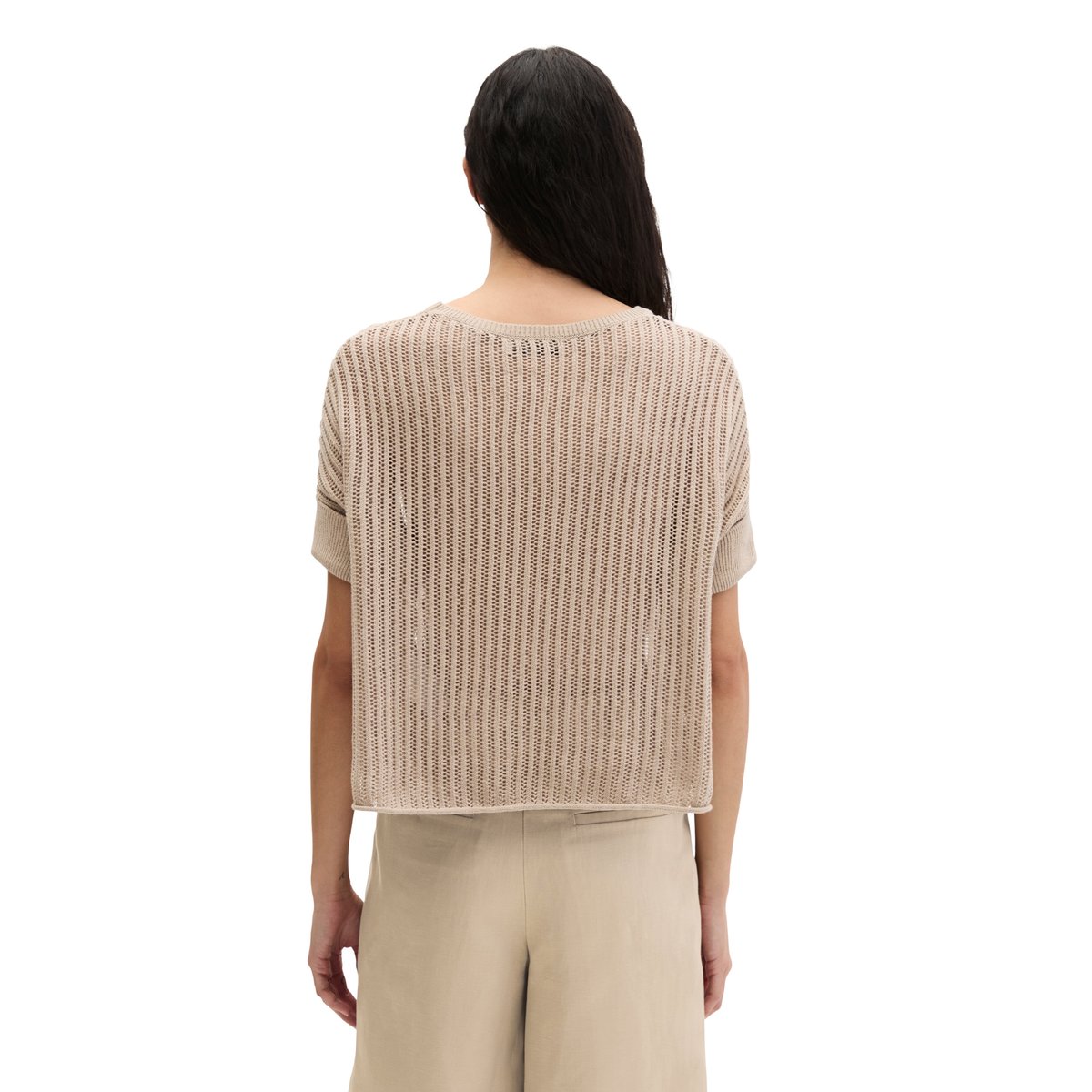 Pull-over en maille à manches courtes boxy en mélange coton organique-lin beige, MARC O'POLO