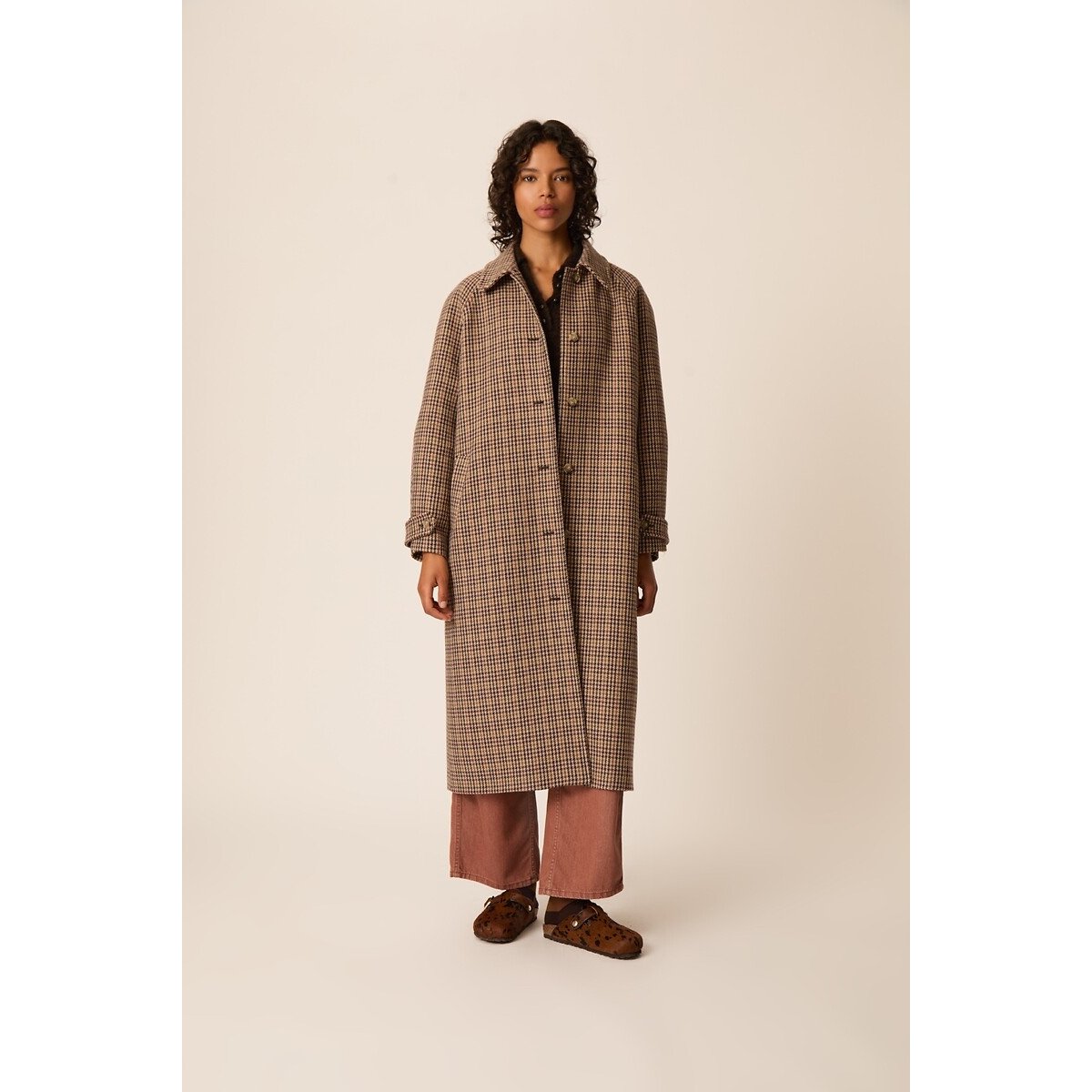 Yonique Checked Wool Blend Long Coat brown checks, DES PETITS HAUTS