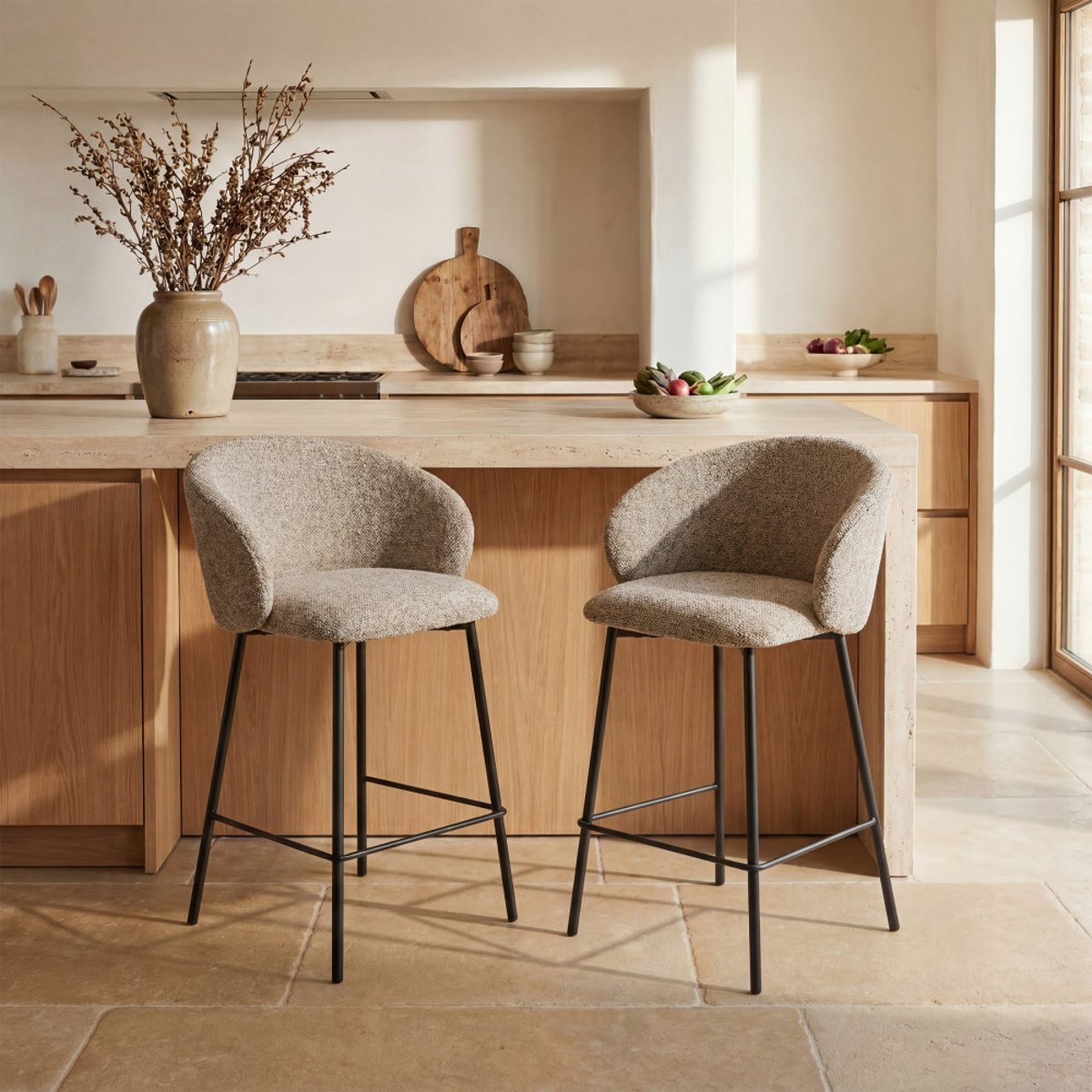 Lot de 2 tabourets de bar en tissu et métal H66cm- VALOM marron chiné, DRAWER