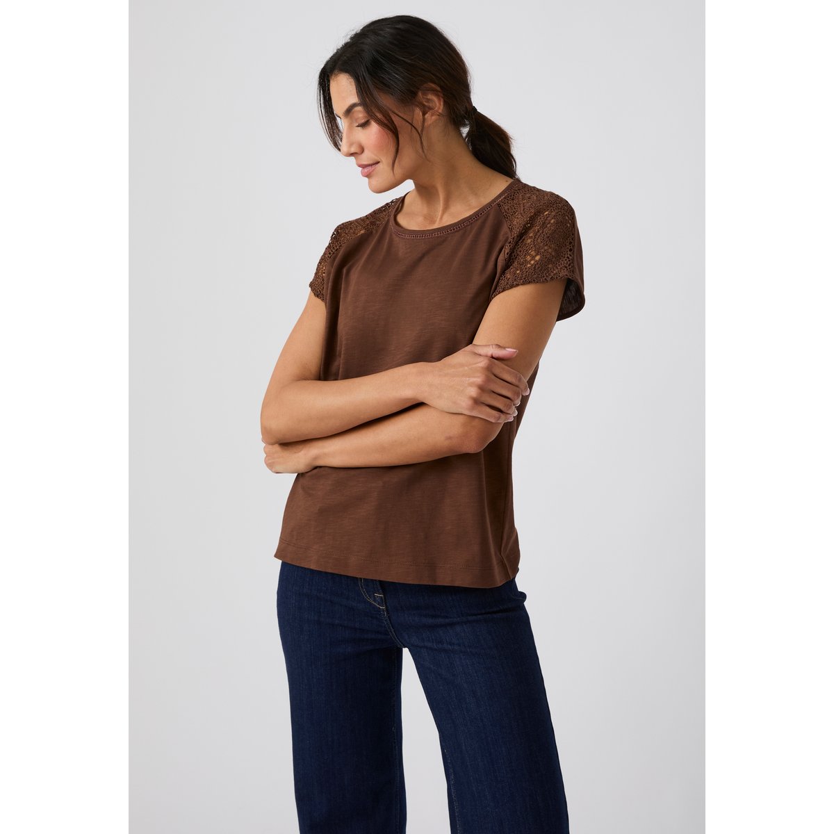 T-shirt détail macramé aux épaules marron foncé, DAMART