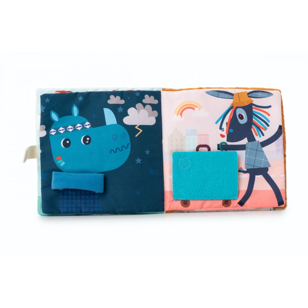 Livre d'activités tissu Stella et son doudou vert d'eau, bleu, blanc, LILLIPUTIENS