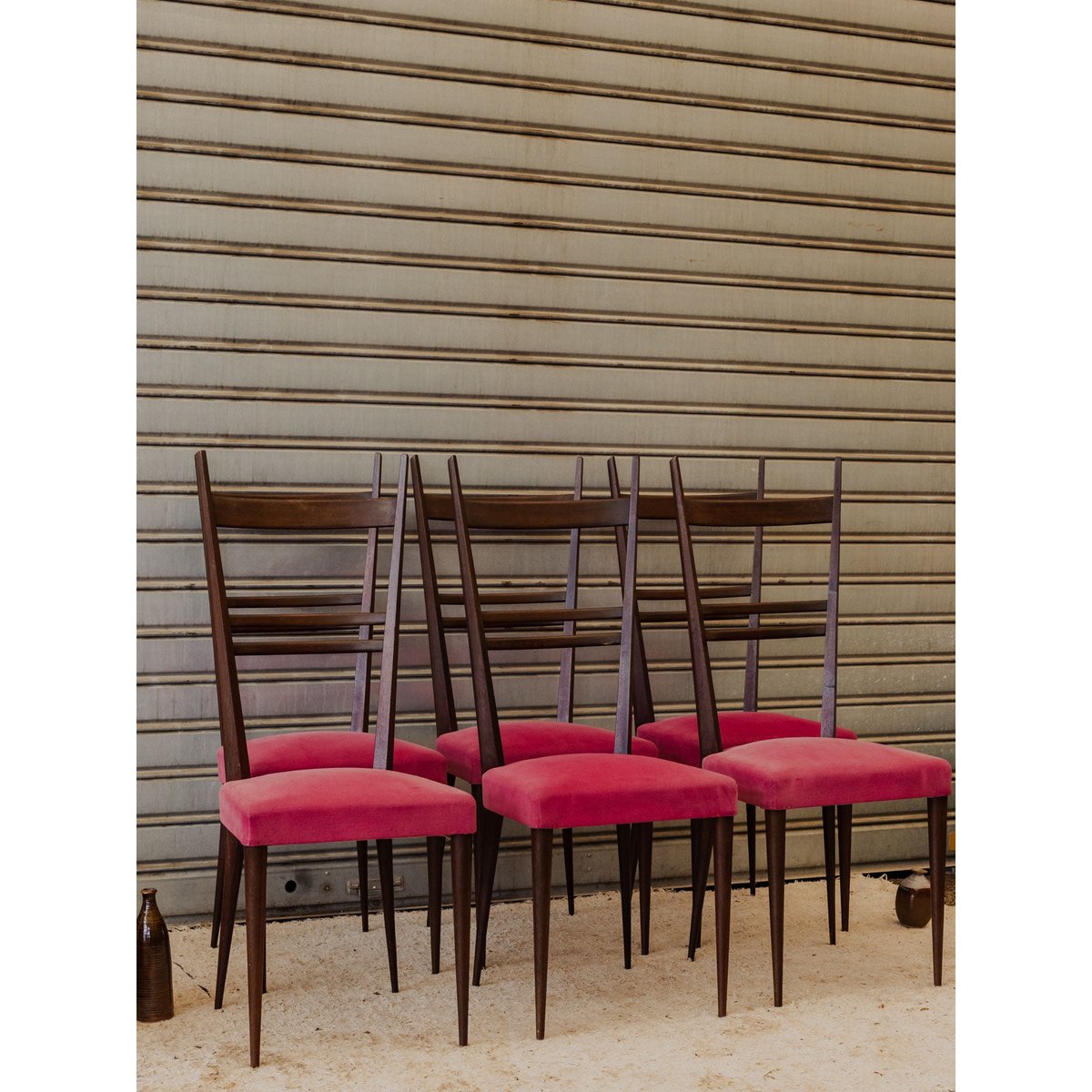 Lot de 6 chaises en bois et tissu rose Alma N°2123 - Bon état bois foncé, DEBONGOUT