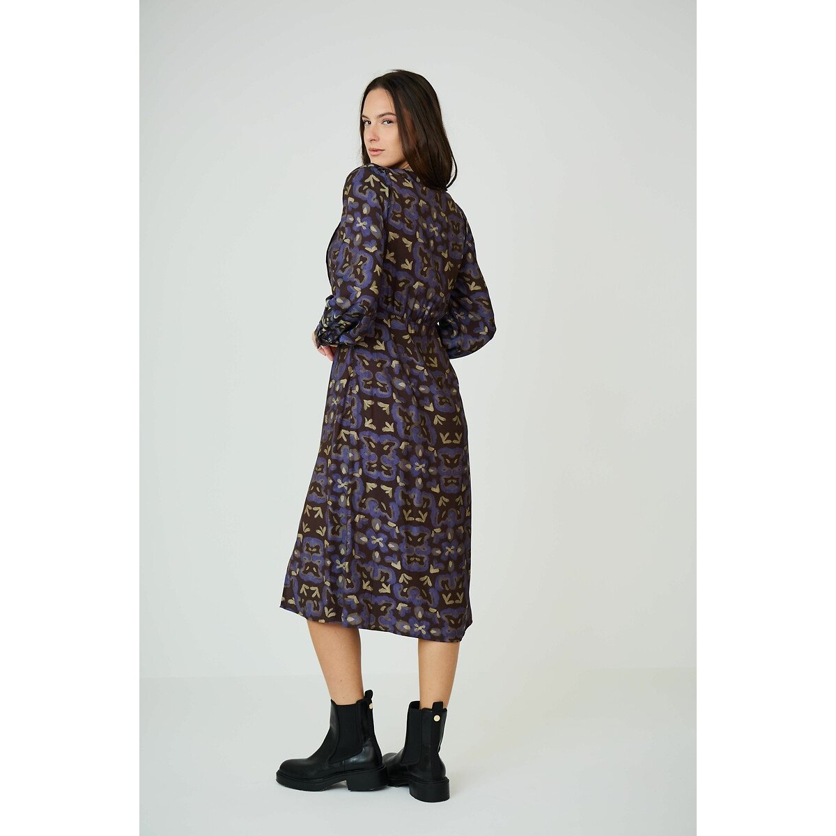 Floral Print Midi Dress in Cotton Mix with V-Neck and Long Sleeves printed brown background, SEE U SOON