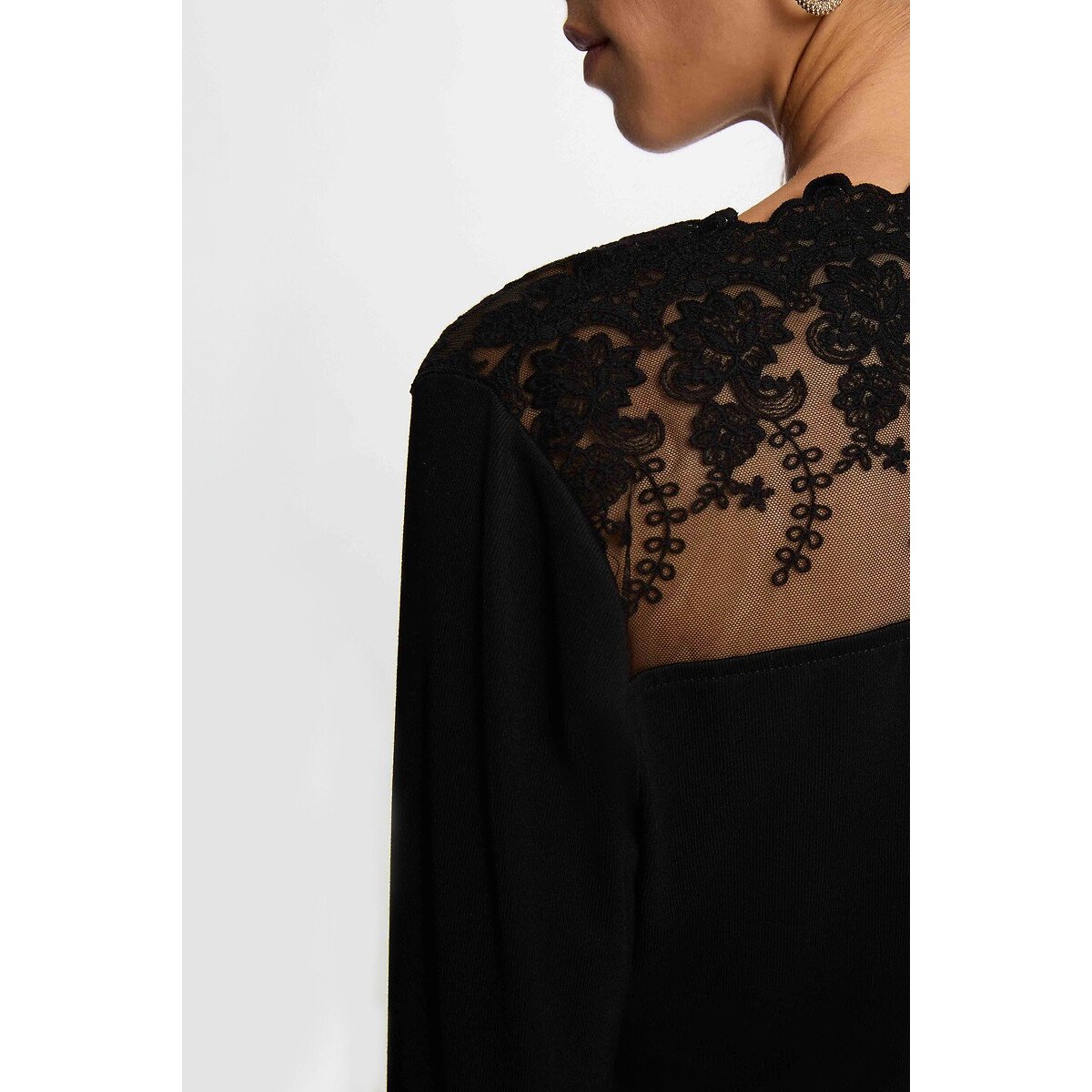 T-shirt col V, en dentelle noir, MORGAN