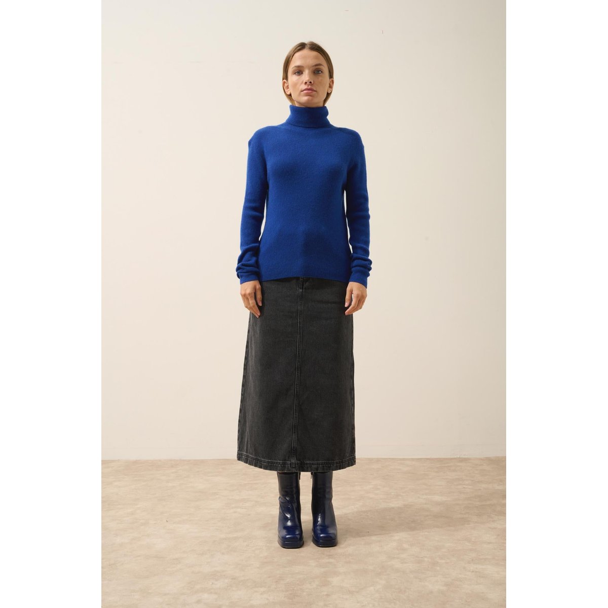 Pull Col Roulé Outremer Lanais bleu foncé, JUST CASHMERE