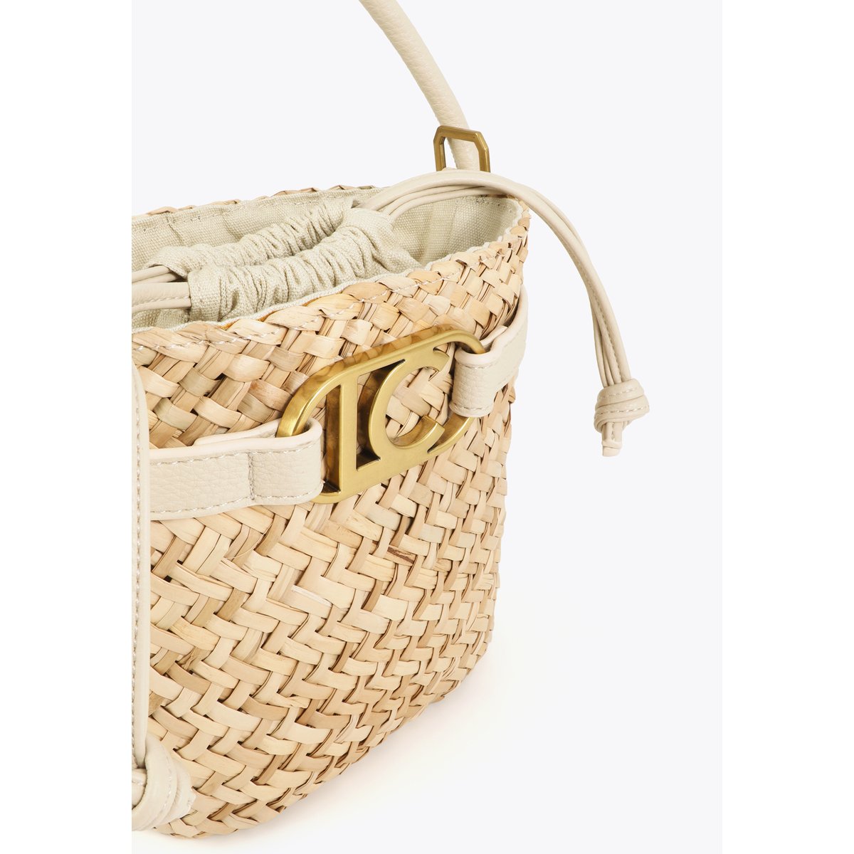 Mini panier tressé avec poignées et détails effet cuir ecru, LOLA CASADEMUNT