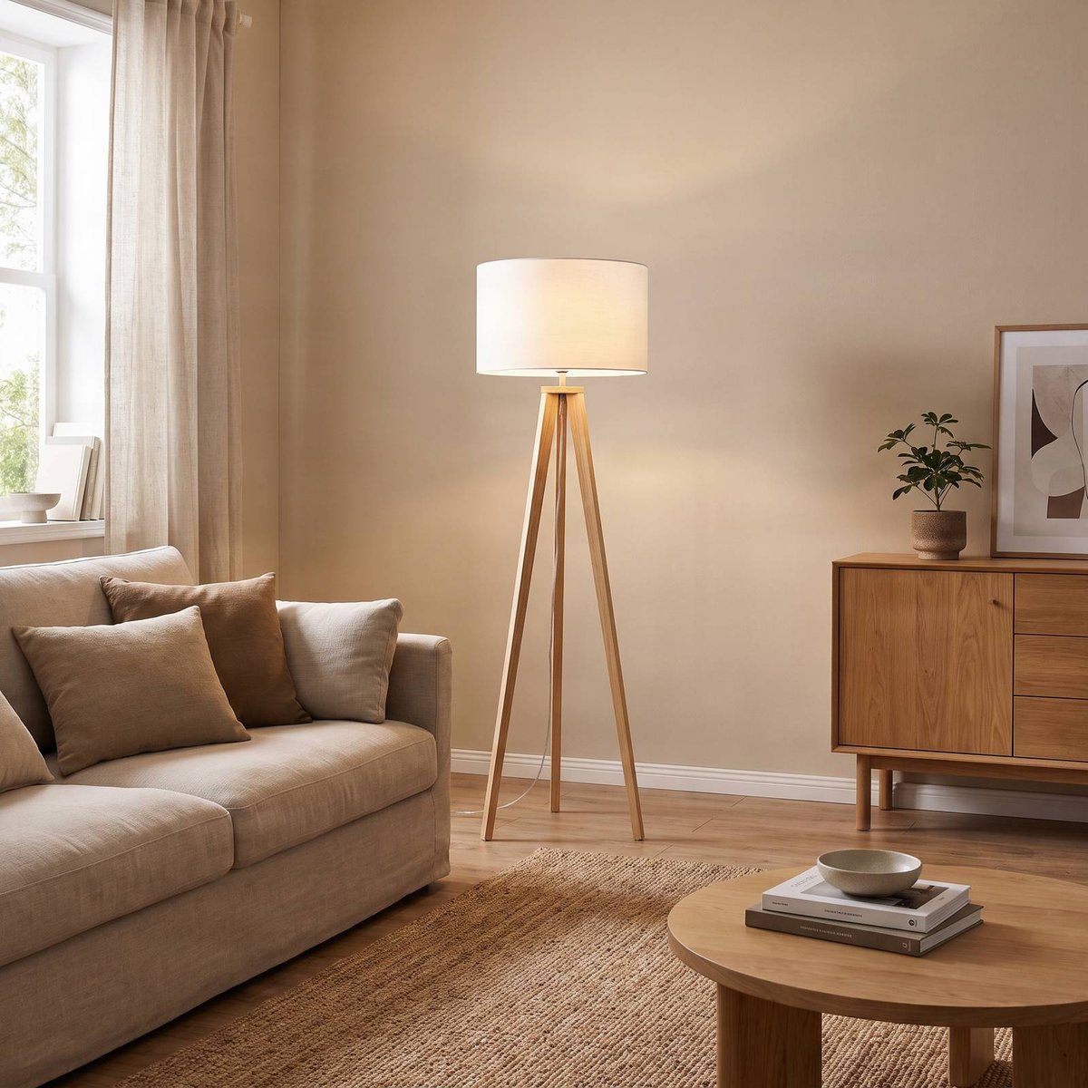 Lampadaire en textile scandinave, Charlia bois clair, blanc, LINDBY
