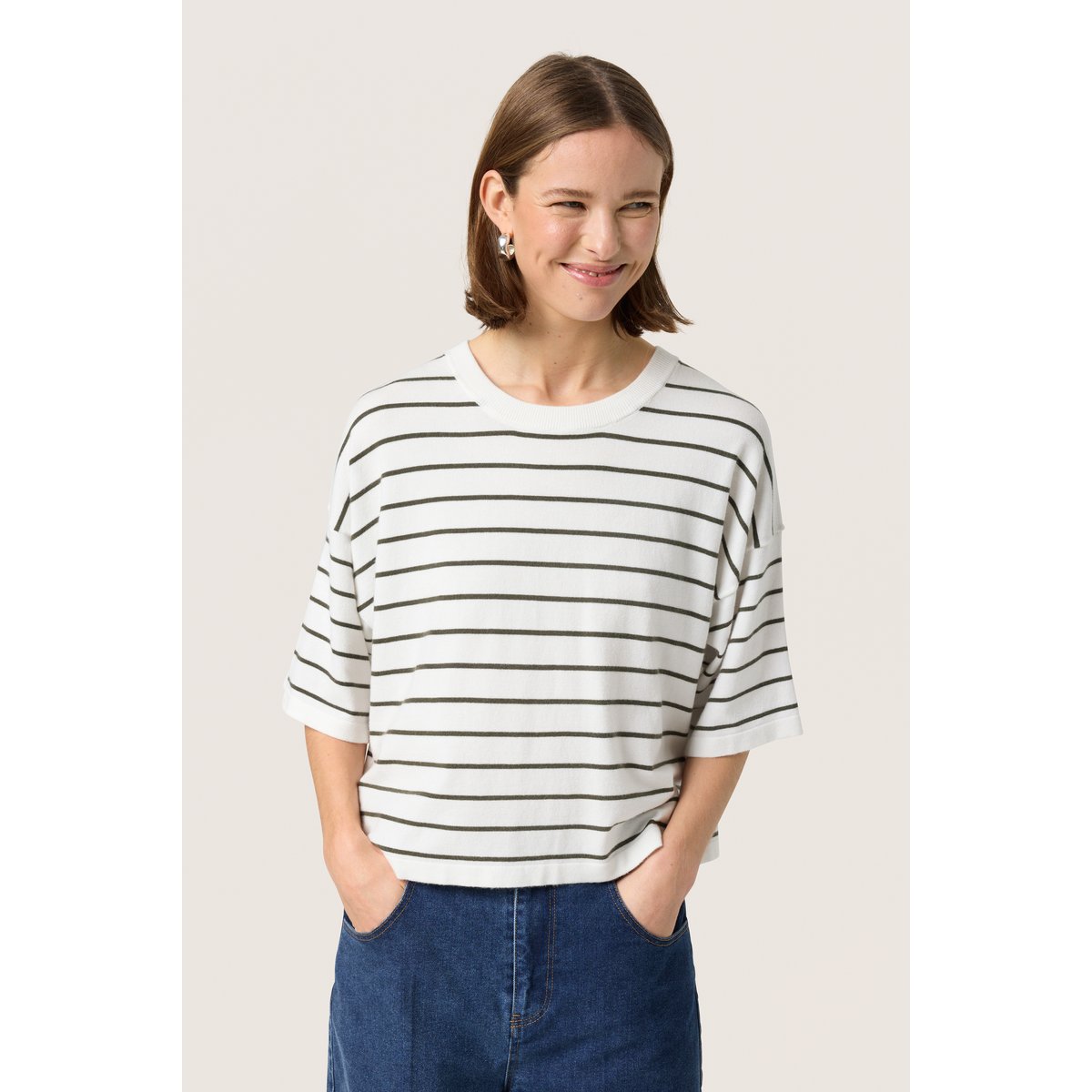 Pullover tricoté blanc vert white w grape leaf stripe, SOAKED IN LUXURY