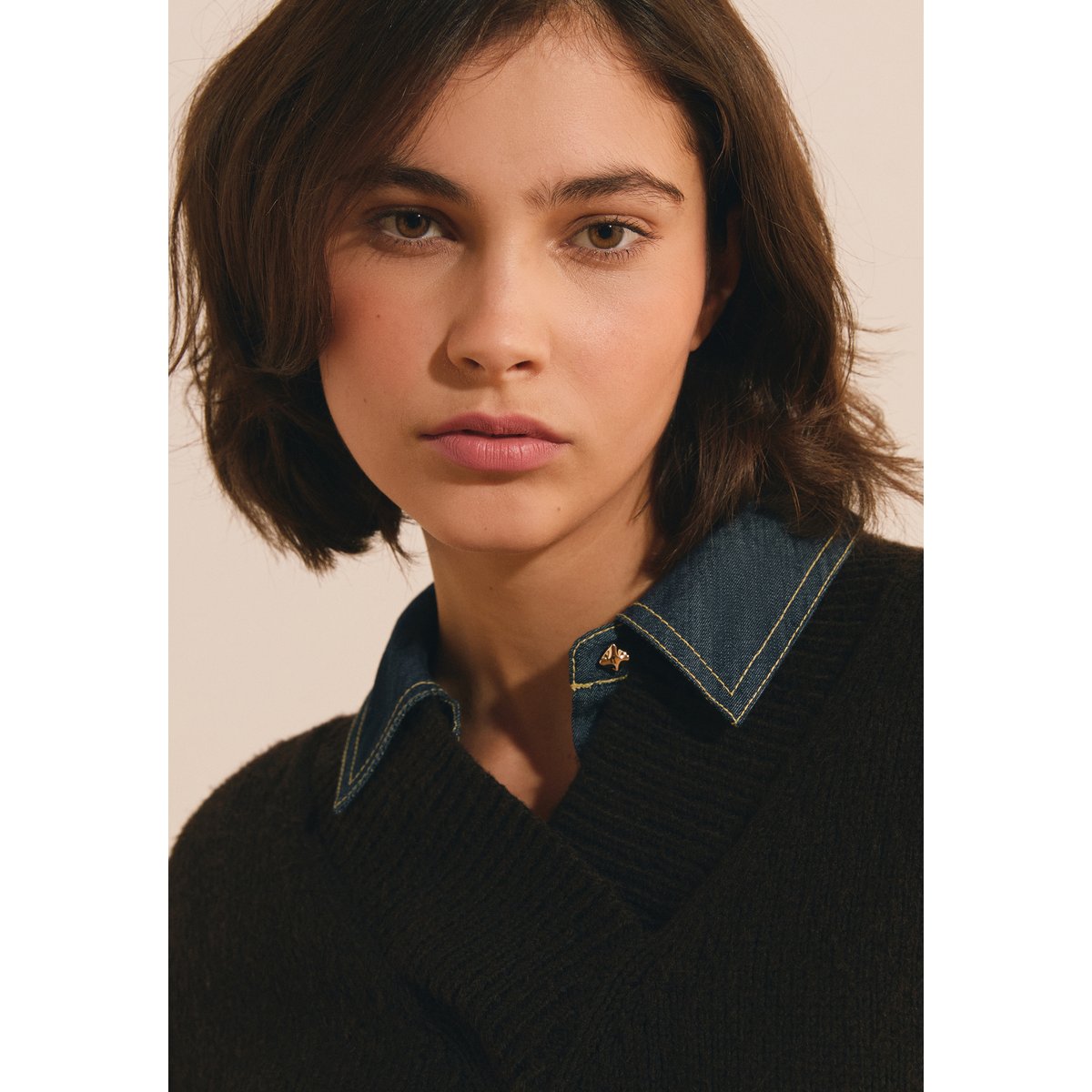 Pull col V en maille SISSI PULL chocolat, ETAM
