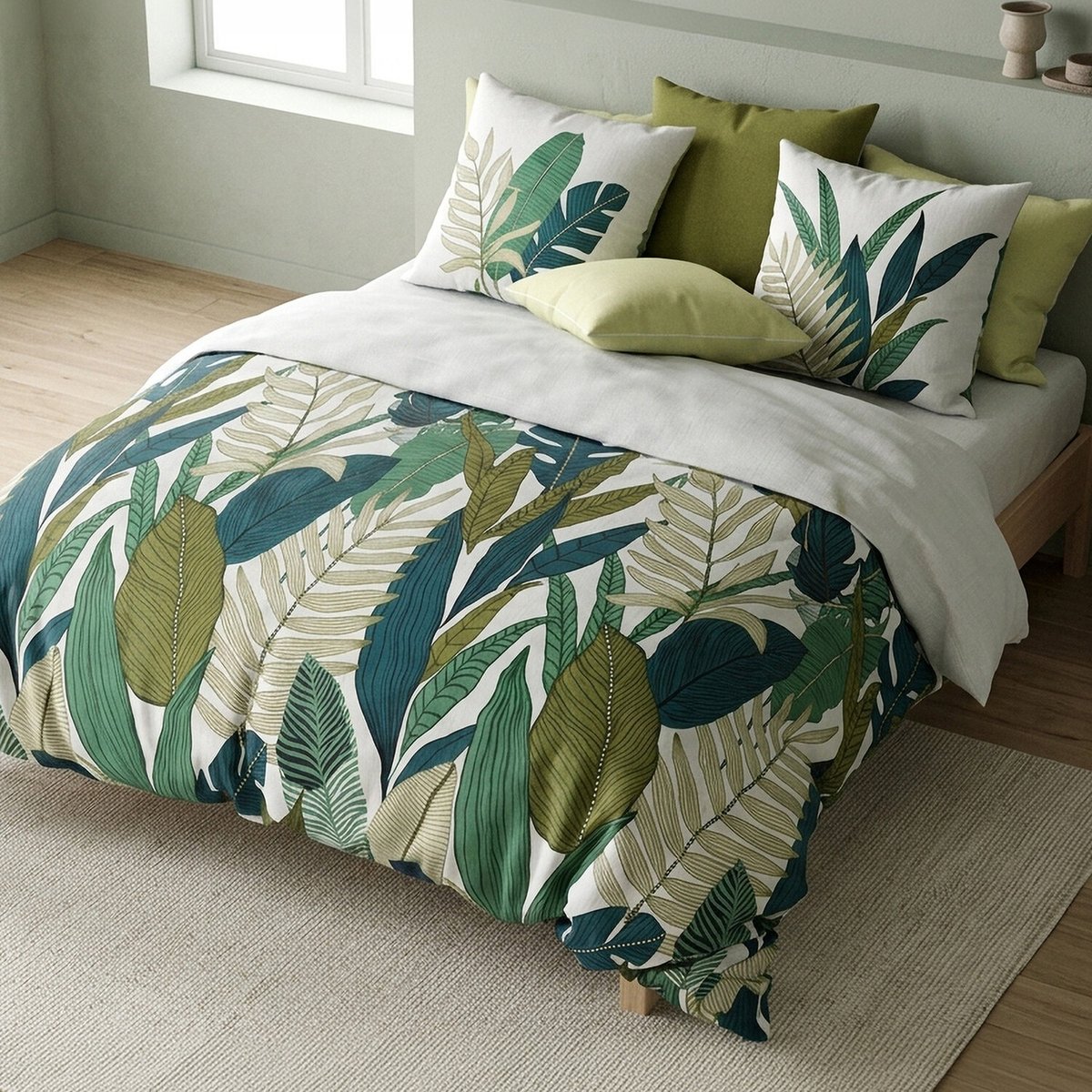 Parure housse de couette imprimée avec taie(s) coton, BELEME vert, ATELIER DU COTON