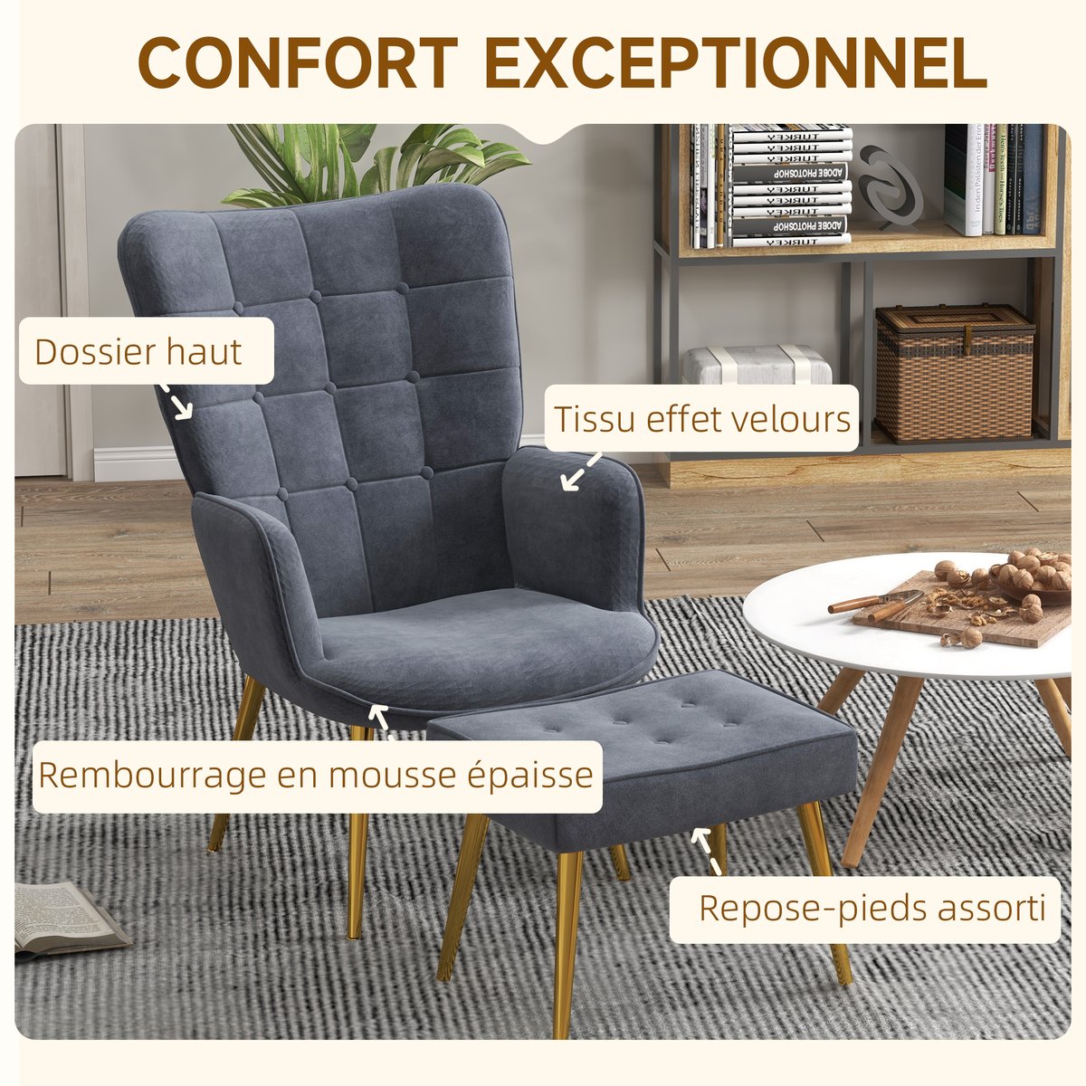 Fauteuil d'appoint avec repose-pieds Velours gris foncé, pieds dorés, HOMCOM