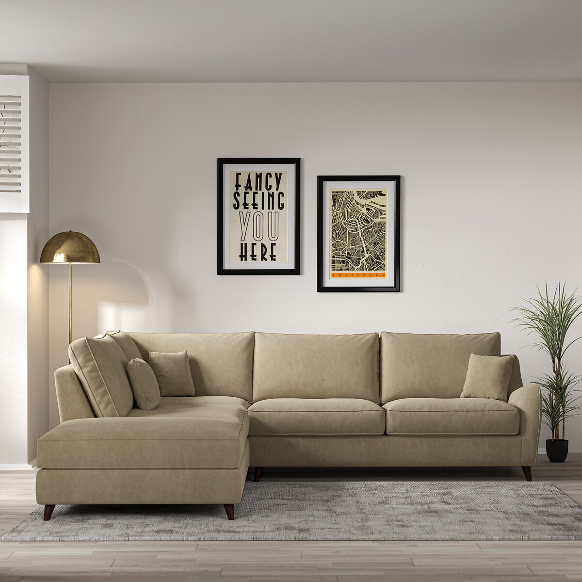 Amelia Soft Brushed Corner Sofa & Modular Footstool Set with Dark Wood Legs (Left Facing) linen, ÉDITÉ