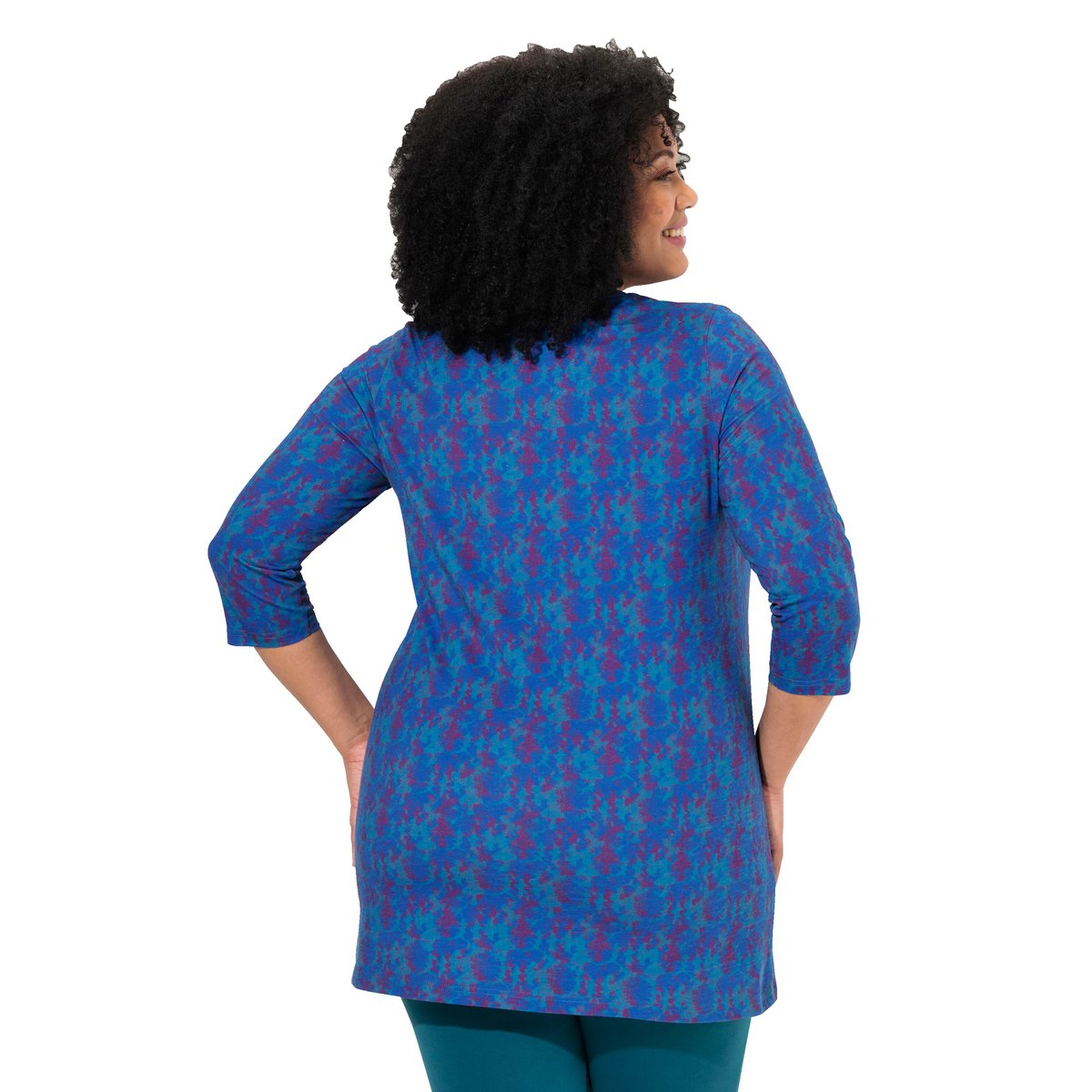 T-shirt long à manches 3/4 et col en V saphir foncé, ULLA POPKEN