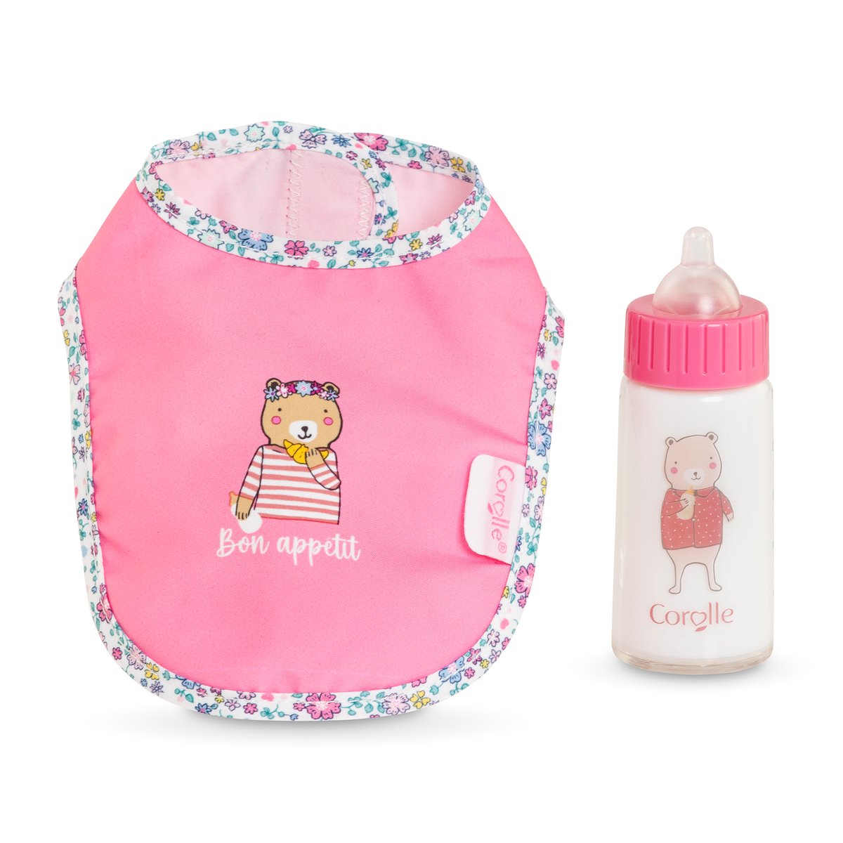 Bavoir Rose et Biberon Magique pour grand poupon 36/42 cm rose, COROLLE